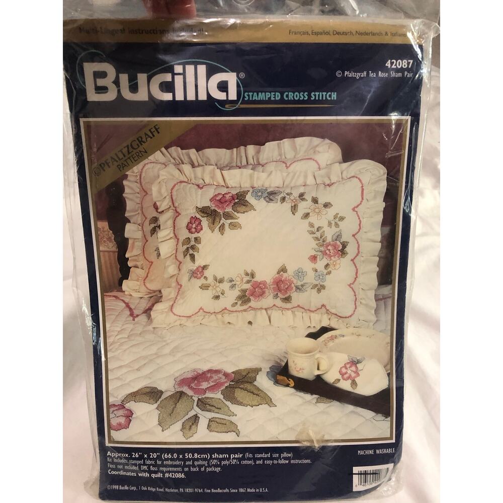 Vintage Bucilla Pfaltzgraff Tea Rose Sham Stamped Cross Stitch Kit Cottagecore